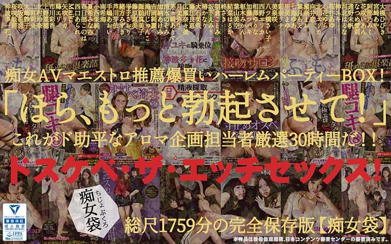 茅ヶ崎ありす 【福袋】「ほら、もっと勃起させて！」ドスケベ・ザ・エッチセックス！痴女AVマエストロ推薦爆買いハーレムパーティーBOX！これがド助平なアロマ企画担当者厳選29時間だ！！ パッケージ画像